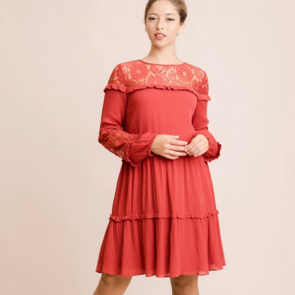 LACE CONTRAST WITH RUFFLE BOHO CHIC MINI D…